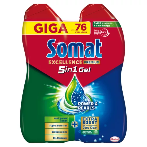 Somat Excellence 5in1 Power & Pearls gépi mosogatószer gél 76 mosogatás 2 x 648 ml