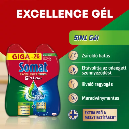 Somat Excellence 5in1 Power & Pearls gépi mosogatószer gél 76 mosogatás 2 x 648 ml