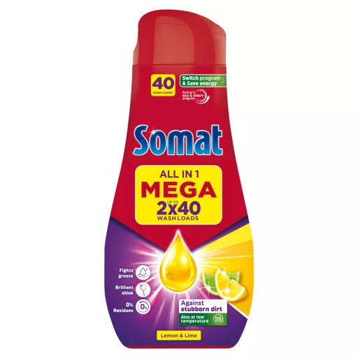 Somat All in 1 Power Gel Lemon & Lime gépi mosogatószer gél 80 mosogatás 2 x 720 ml