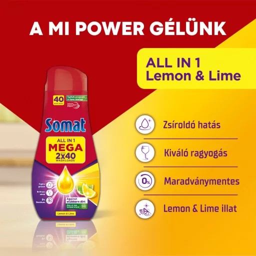 Somat All in 1 Lemon & Lime gépi mosogatószer gél 2 x 40 mosogatás 2 x 720 ml