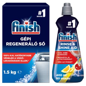   Finish gépi regeneráló só 1,5 kg + Finish Shine and Protect gépi öblítőszer 400 ml