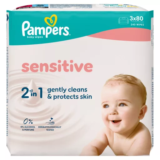 Pampers Sensitive Baby Nedves Törlőkendő, 3 Csomag x 80 Törlőkendő = 240 db Baba Nedves Törlőkendő