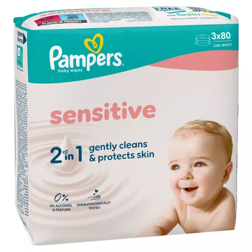 Pampers Sensitive Baby Nedves Törlőkendő, 3 Csomag x 80 Törlőkendő = 240 db Baba Nedves Törlőkendő