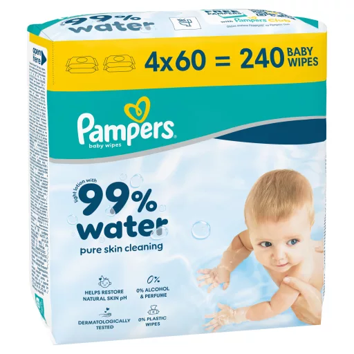 Pampers 99%-ban Vízalapú Baby Nedves Törlőkendő, 4 Csomag x 60 Törlőkendő db Baba Nedves Törlőkendő
