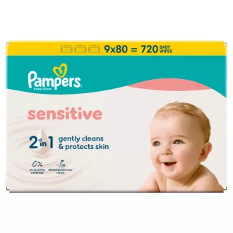   Pampers Sensitive Baby Nedves Törlőkendő, 9 Csomag x 80 Törlőkendő = 720 db Baba Nedves Törlőkendő