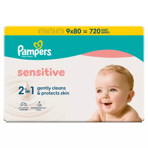 Pampers Sensitive Baby Nedves Törlőkendő, 9 Csomag x 80 Törlőkendő = 720 db Baba Nedves Törlőkendő