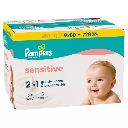 Pampers Sensitive Baby Nedves Törlőkendő, 9 Csomag x 80 Törlőkendő = 720 db Baba Nedves Törlőkendő