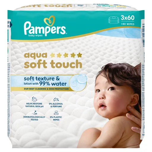 Pampers Aqua Soft Touch Baby Nedves Törlőkendő, 3 Csomag x 60 Törlőkendő  db Baba Nedves Törlőkendő