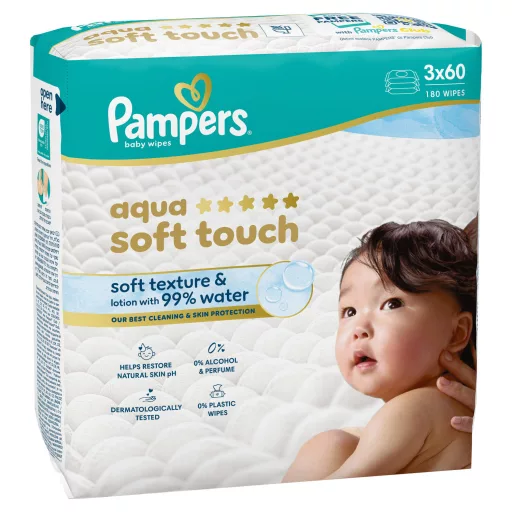 Pampers Aqua Soft Touch Baby Nedves Törlőkendő, 3 Csomag x 60 Törlőkendő  db Baba Nedves Törlőkendő