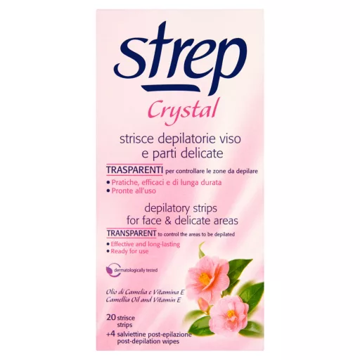 Strep Crystal szőrtelenítő gyantacsíkok arcra és érzékeny területekre 20 db + 4 db törlőkendő