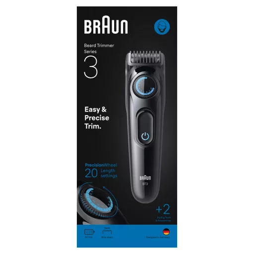 Braun Series 3 Szakállvágó, +2 Formázóeszköz, 20 Hosszbeállítás, Éles Pengék, BT3500, Fekete