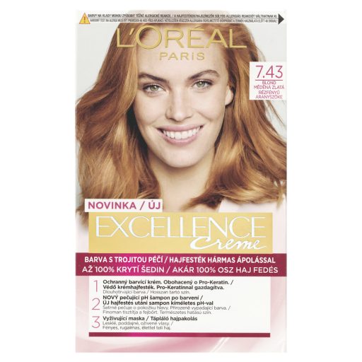 ĽOréal Paris Excellence Créme Krémhajfesték 7 .43 Rézfényű aranyszőke 72 +48 +12 +60 ml