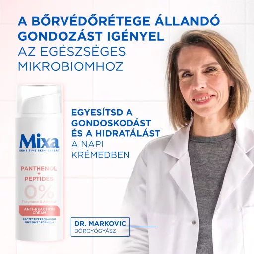 Mixa Anti-Reaction hidratáló, regeneráló krém panthenollal és peptidekkel a bőr hidratálásához és regenerálásához, érzékeny bőrre alkalmas, 50 ml