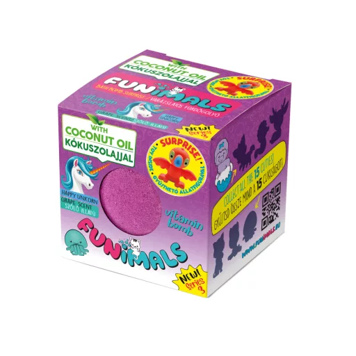 Funimals fürdőgolyó Happy Unicorn, kékszőlő illattal, meglepetés figurával – 80g