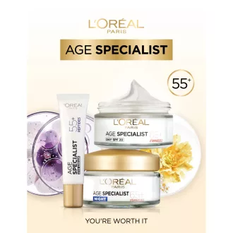   L'Oréal Age Specialist 65+ ajándékcsomag – Nappali arckrém 50 ml + Éjszakai arckrém 50 ml + Szemkörnyékápoló 15 ml