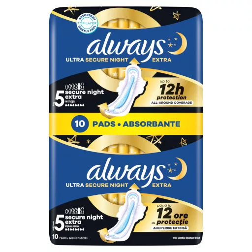 Always Ultra Secure Night Extra Egészségügyi Betét (5-ös Méret) Szárnyas Betét x 10]