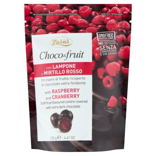 Zàini málna- és vörös áfonya ízű gyümölcscukorkák étcsokoládé bevonattal 125 g