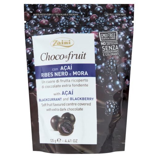 Zàini szeder-, fekete ribizli- és acai bogyó ízű gyümölcscukorkák étcsokoládé bevonattal 125 g