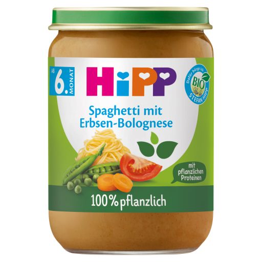 HiPP bio spagetti paradicsomszószban borsóval és borsófehérjével bébiétel 6 hónapos kortól 190 g