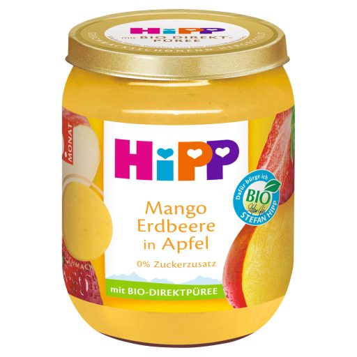 HiPP bio gyümölcskészítmény alma mangóval és eperrel bébidesszert 6 hónapos kortól 160 g