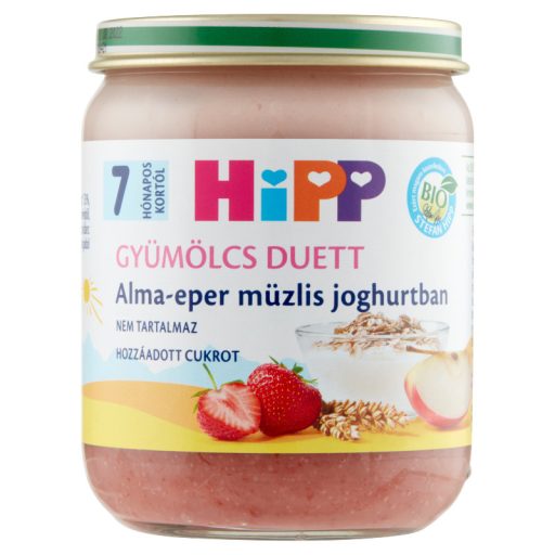 HiPP Gyümölcs Duett BIO alma-eper müzlis joghurtban bébidesszert 7 hónapos kortól 160 g