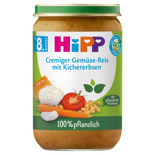 HiPP bio zöldségek rizzsel, csicseriborsóval és borsófehérjével bébiétel 8 hónapos kortól 220 g