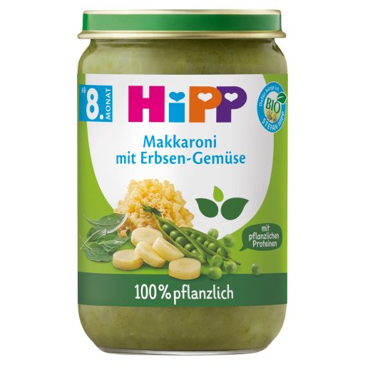 HiPP bio makaróni borsóval, zöldségekkel és borsófehérjével bébiétel 8 hónapos kortól 220 g