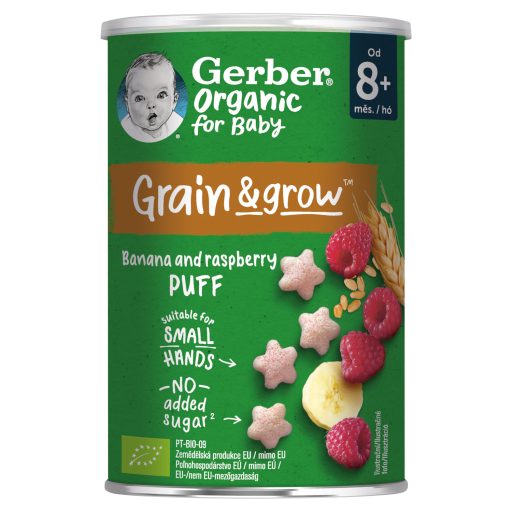 Gerber Organic banános és málnás bio gabonasnack 8 hónapos kortól 35 g