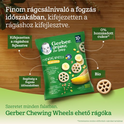 Gerber Chewing Wheels banános bio gabonasnack, 10 hónapos kortól 28 g 