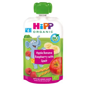   HiPP HiPPiS BIO alma-banán-málna gyümölcspép teljes kiőrlésű gabonával 6 hónapos kortól 100 g