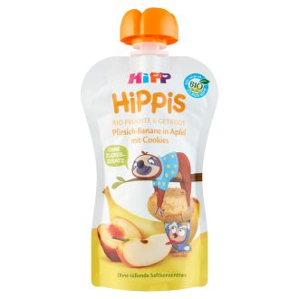   HiPP HiPPiS BIO alma-banán-őszibarack keksszel gyümölcskészítmény 1 éves kortól 100 g