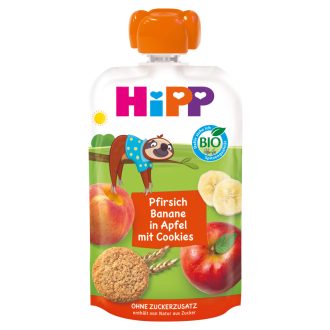   HiPP HiPPiS BIO alma-banán-őszibarack keksszel gyümölcskészítmény 1 éves kortól 100 g