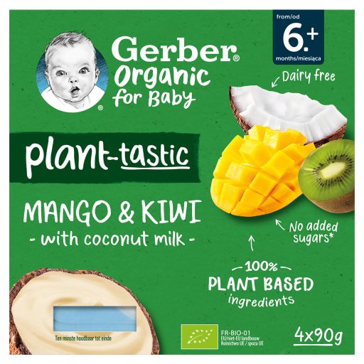Gerber Organic kókusztej alapú mangó-kiwi ízű bio babadesszert 6 hónapos kortól 4 x 90 g (360 g)