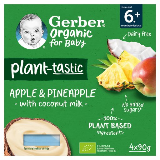 Gerber Organic kókusztej alapú alma-ananász ízű bio babadesszert 6 hónapos kortól 4 x 90 g (360 g)