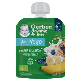   Gerber Organic for Baby Hello Yogo bio banán-áfonya gyümölcspüré gabonával 6 hónapos kortól 80 g
