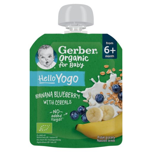 Gerber Organic for Baby Hello Yogo bio banán-áfonya gyümölcspüré gabonával 6 hónapos kortól 80 g