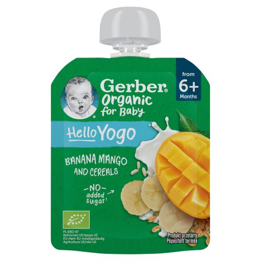 Gerber Organic for Baby Hello Yogo bio banán-mangó gyümölcspüré gabonával 6 hónapos kortól 80 g