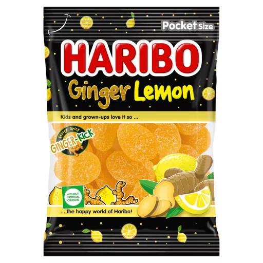 Haribo Ginger Lemon gyömbér és gyümölcsízű kandírozott gumicukorka 80 g