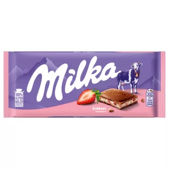   Milka alpesi tej felhasználásával készült tejcsokoládé eperízű krémmel töltve 100 g