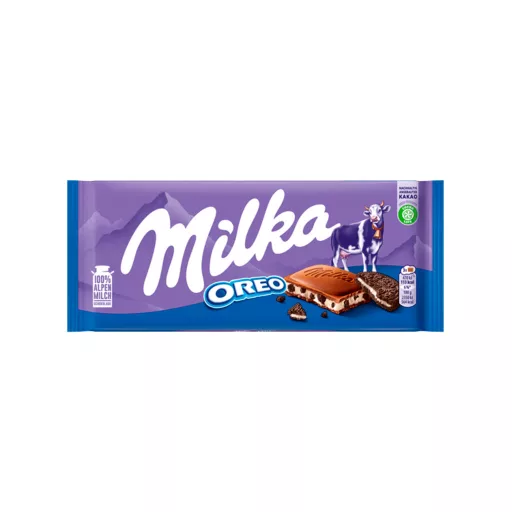 Milka Oreo Alpesi Tejcsokoládé Kakaós Kekszdarabokkal és Vaníliaízű Tejes Krémtöltelékkel 100 G