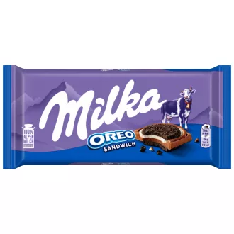   Milka Oreo Sandwich Kakaós Kekszek Vaníliaízű, Tejes Krémtöltelékkel Alpesi Tejcsokoládén 92 G