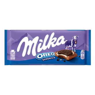   Milka Oreo Sandwich kakaós kekszek vaníliaízű, tejes krémtöltelékkel alpesi tejcsokoládén 92 g