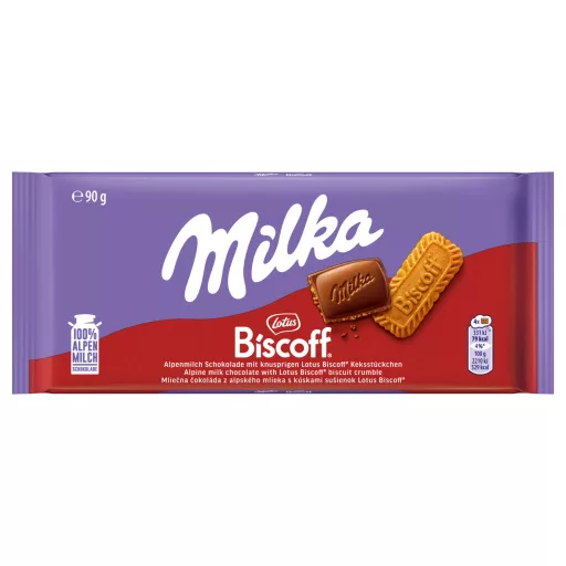 Alpesi tej felhasználásával készült tejcsokoládé karamellizált kekszdarabkákkal 90g