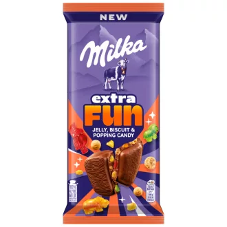   Milka táblás tejcsokoládé 150g Extra fun keksszel, gumi-és robbanócukorral