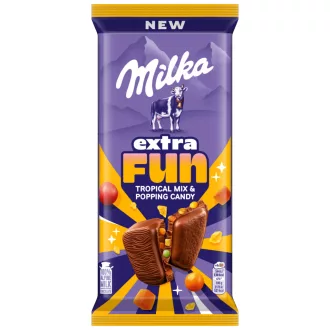   Milka táblás tejcsokoládé 150g Extra fun trópusi gyümölcsízű darabokkal