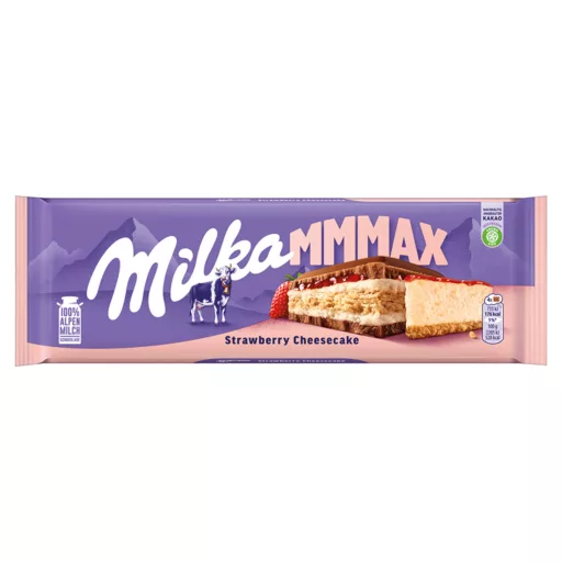 Milka Alpesi Tejcsokoládé Sajttortaízű Krémtöltelékkel, Epres Töltelékkel és Keksszel 300 G