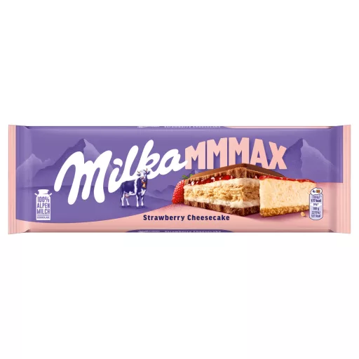 Milka alpesi tejcsokoládé sajttortaízű krémtöltelékkel, epres töltelékkel és keksszel 300 g