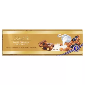   Lindt tejcsokoládé mazsolával, egész mogyoróval és mandulával 300 g