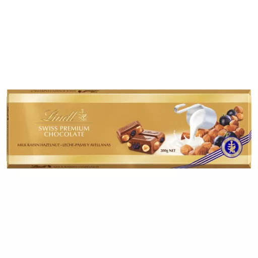 Lindt tejcsokoládé mazsolával, egész mogyoróval és mandulával 300 g