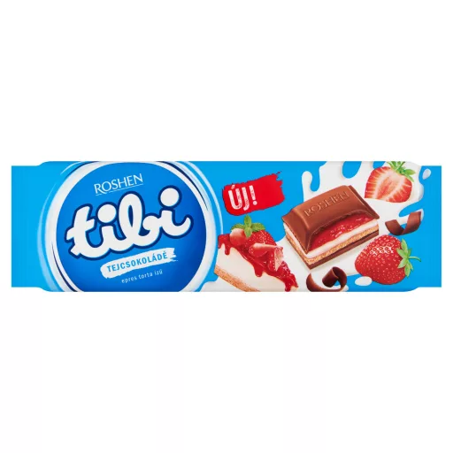 Tibi táblás tejcsokoládé 275g tejkrém és eper ízű zselés töltelék és keksz